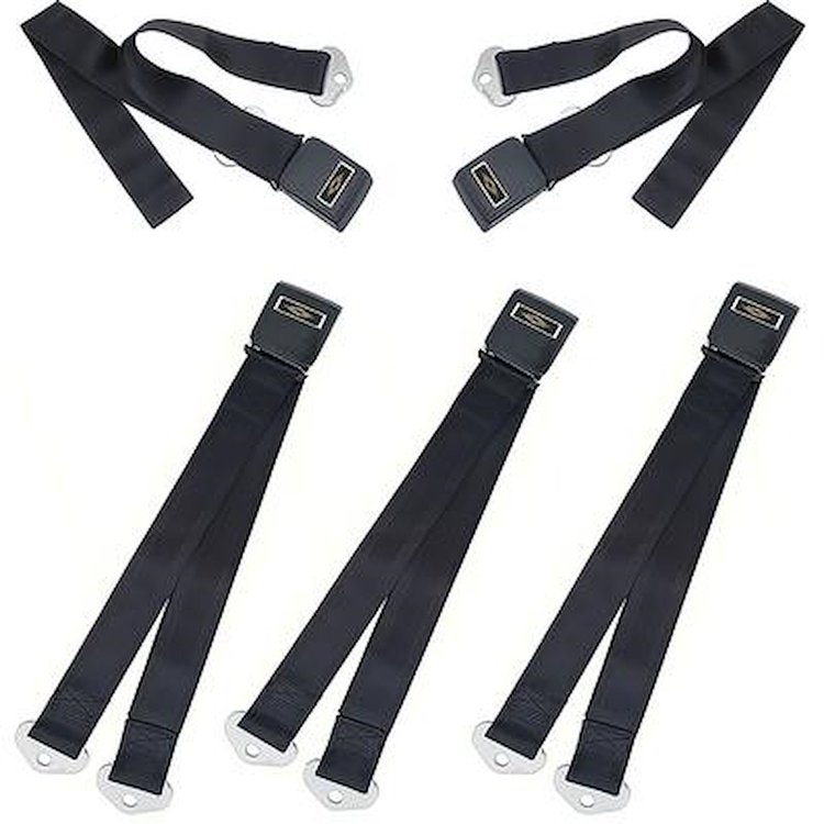 R190 1964-66 Impala, Chevelle, Nova; Standard Seat Belt Set; Front/Rear; Gold Starburst Decal; Black; 5-Piece Set