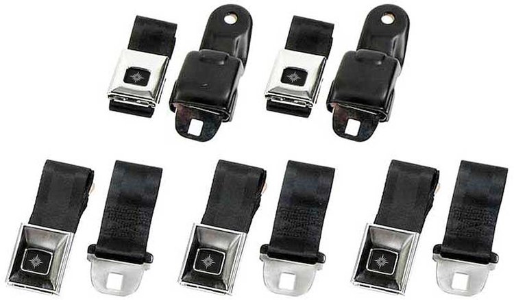R195 1968-69 Camaro / Firebird, Retractable Seat Belt Set, Deluxe Interior, Black with Chrome Latches, 5-Piece Set