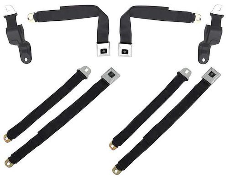 R195A 1968-69 Camaro / Firebird; Retractable Seat Belt Set; Deluxe Interior; Black with Chrome Latches; 4-Piece Set