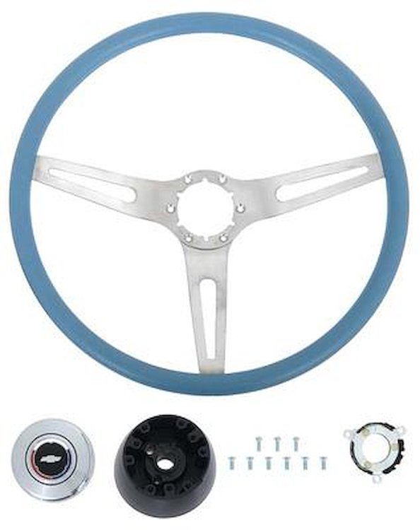 R301172 1969-72 GM; Comfort Grip Cushioned Steering Wheel Kit; 3-Spoke; Silver Spokes; Blue Grip