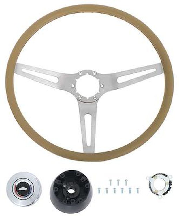R301174 1969-72 GM; Comfort Grip Cushioned Steering Wheel Kit; 3-Spoke; Silver Spokes; Saddle Grip