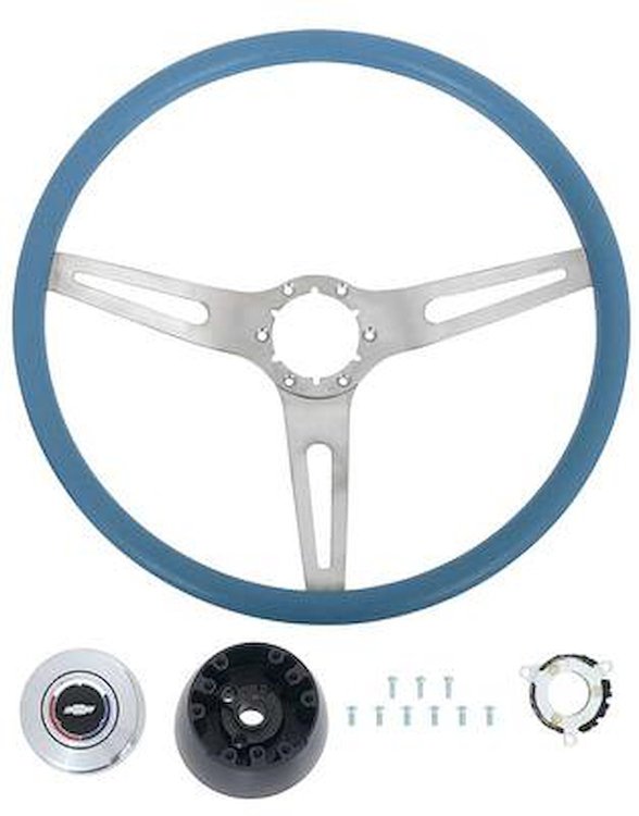 R301182 1973-91 Chevrolet, GMC; Comfort Grip Cushioned Steering Wheel Kit; 3-Spoke; Silver Spokes; Blue Grip