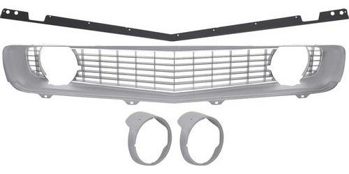 R5028G Full Grille Kit 1969 Camaro Standard; Unpainted Headlamp Bezels; Without Chrome Rings; Silver Grille