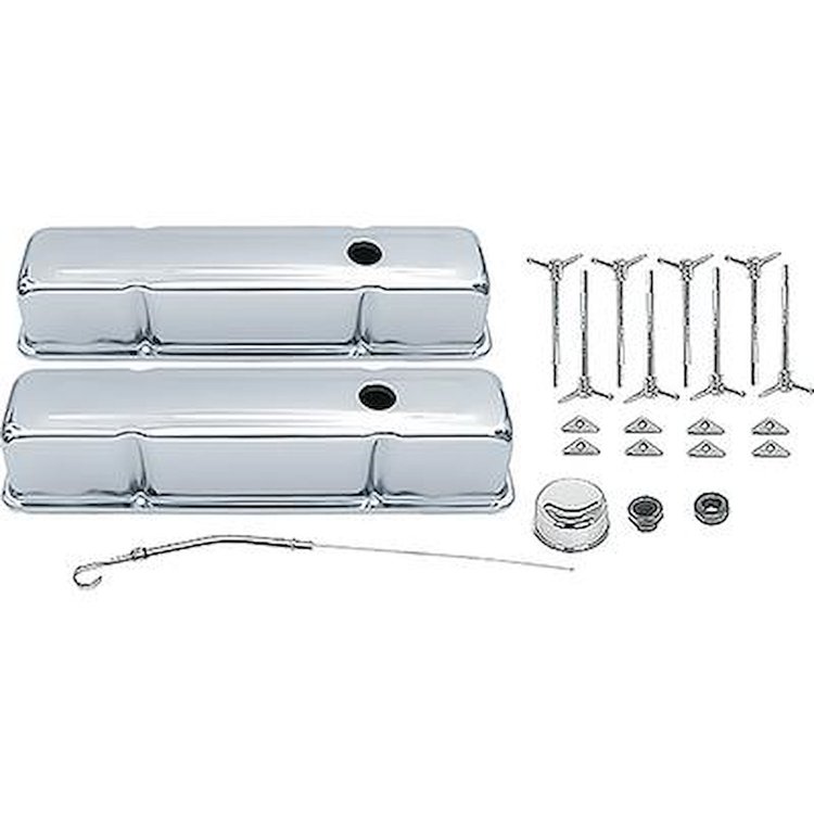 T3040 Chevrolet Engine Dress-Up Set, Small Block, Tall Profile Valve Covers, T-Bolts, Chrome