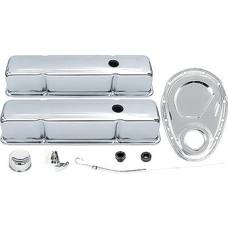 T3042 Chevrolet Engine Dress-Up Set; Small Block; Tall Valve Covers; With Timing Cover; Chrome
