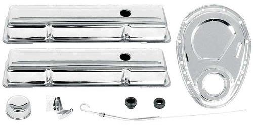 T3043 Chevrolet Engine Dress-Up Set; Small Block; Low Profile Valve Covers; Timing Cover; Chrome
