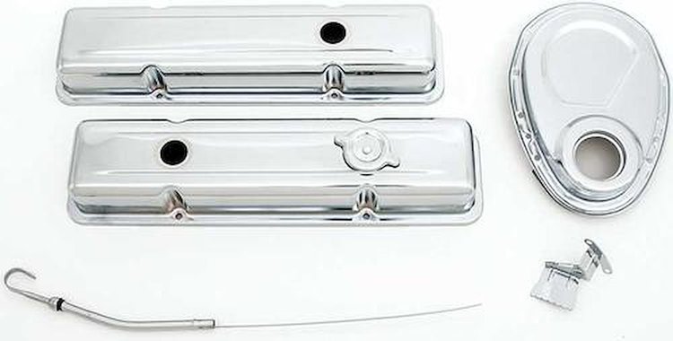T3048 Chevy Engine Dress-Up Set, Small Block, Low Profile Valve Covers, Oil Cap, Timing Cover, Chrome