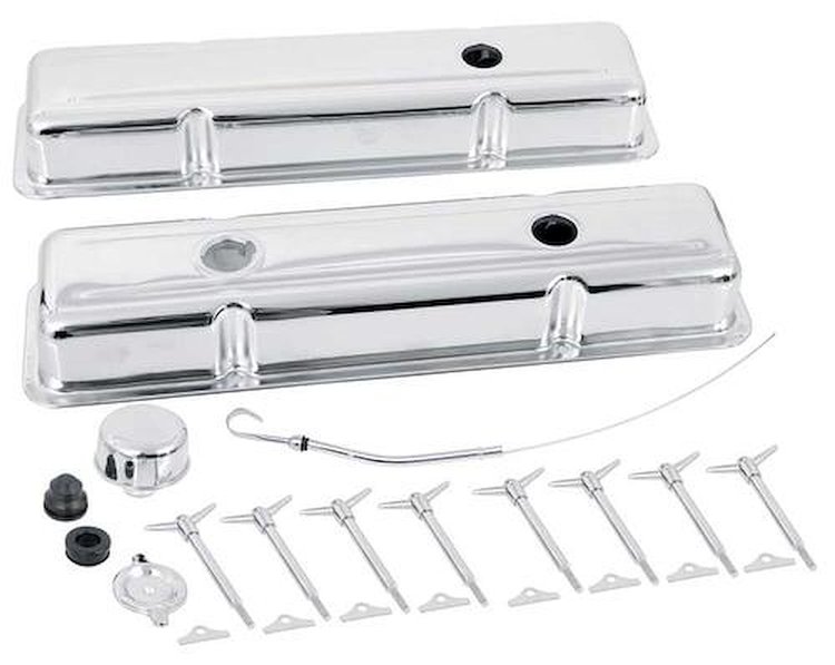 T3101 Chevrolet Engine Dress-Up Set, Small Block, Low Profile Valve Covers, T-Bolts, Oil Cap, Chrome