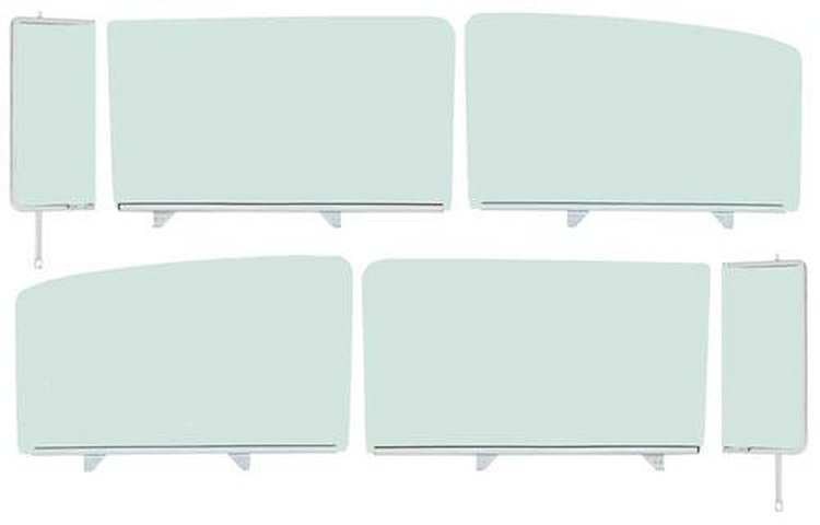 TF42239C Side Glass Assembly Set 1955-57 Chevy Bel Air, 150, 210; 4-Door Sedan; Green Tint; 6 Piece Set