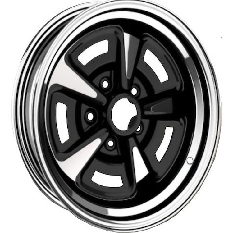 WV416C Rally II Wheel; 1967-81 Pontiac; 15" x 8"; 4" Backspacing (-12mm ET); 5 x 4-3/4" Lug Pattern; Chrome and Black Finish