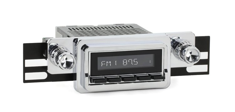 HCB-M2-125-04-74 Motor 2B Radio w/Chrome Face, Black Pushbuttons & Installation Bezel & Knobs Kit, 1964 Ford Mustang