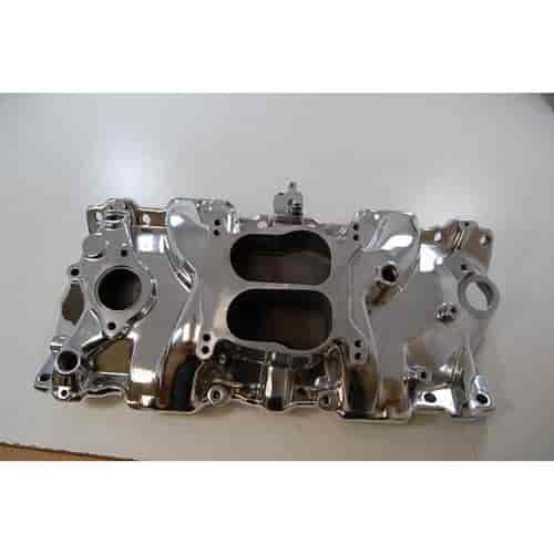 POLISHED ALUM SBC SPREAD-BORE INTAKE MANIFOLD 55-86 262-400 / 350 W/OEM 4 BBL. DUAL-PLANE