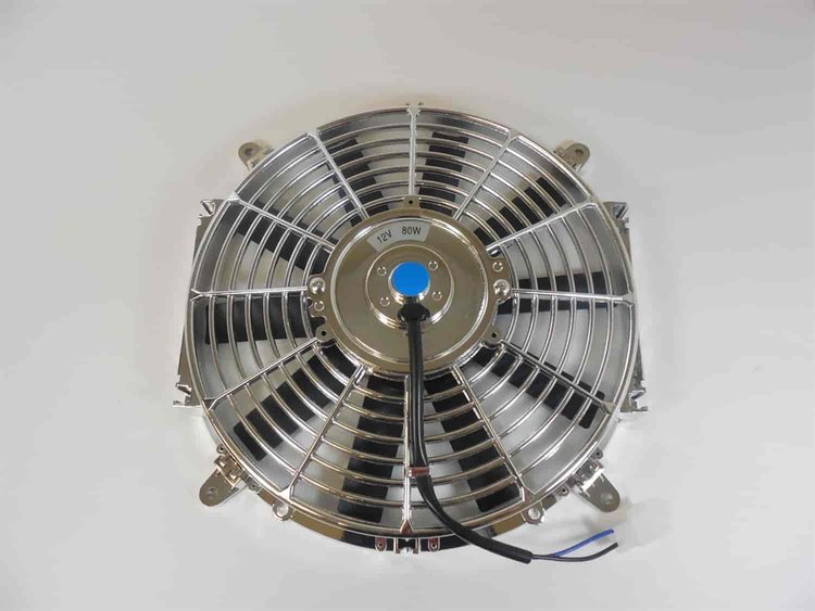 12 UNIVERSAL STRAIGHT BLADE COOLING FAN -W/CHROME CAGE 12V REVERSIBLE