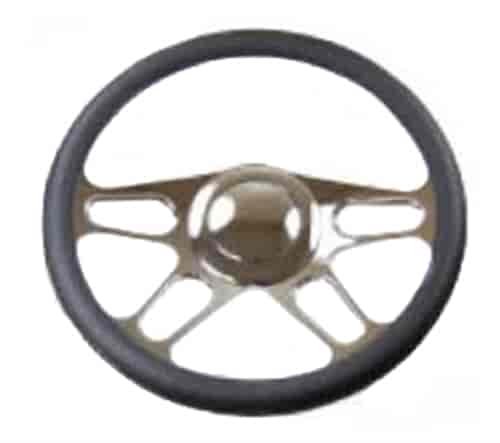14 POLISHED BILLET 4 SLOT STYLE STEERING WHEEL WITH LEATHER GRIP