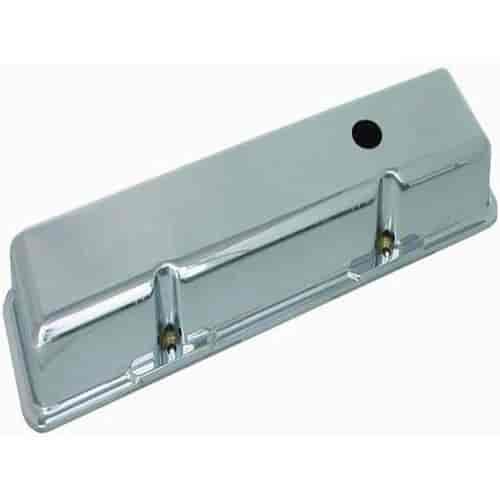 Chrome Aluminum SB Chevy Short Valve Cover - Plain with Hole / Baffled (Includes Grommets)