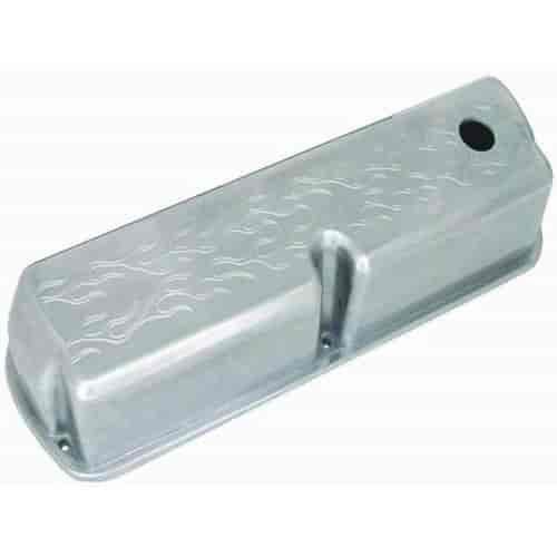 Polished Alum SB Ford Tall Valve Cover - Flame with Hole / Baffled