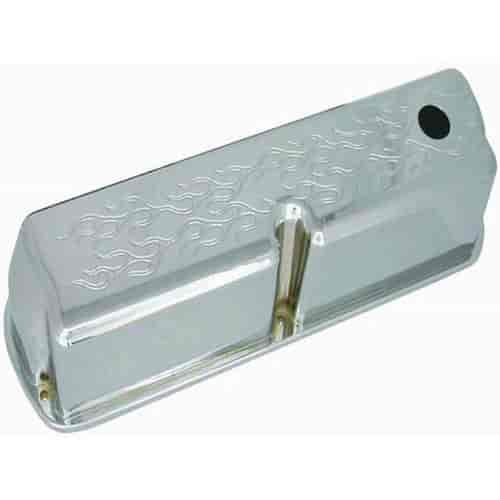 Chrome Alum SB Ford Tall Valve Cover - Flame with Hole / Baffled
