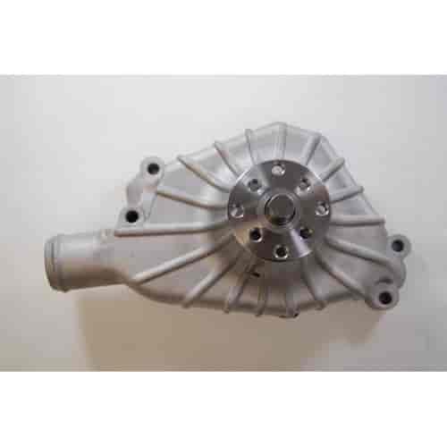SATIN ALUMINUM 1955-68 SB CHEVY SHORT WATER PUMP - FINNED