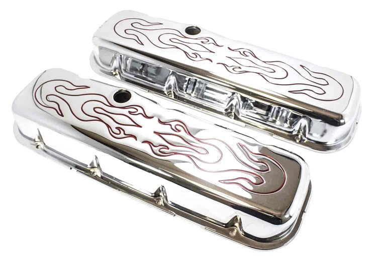 Chrome Red Flame 1965-95 BB Chevy V8 396-502 Short Valve Cover - Baffled