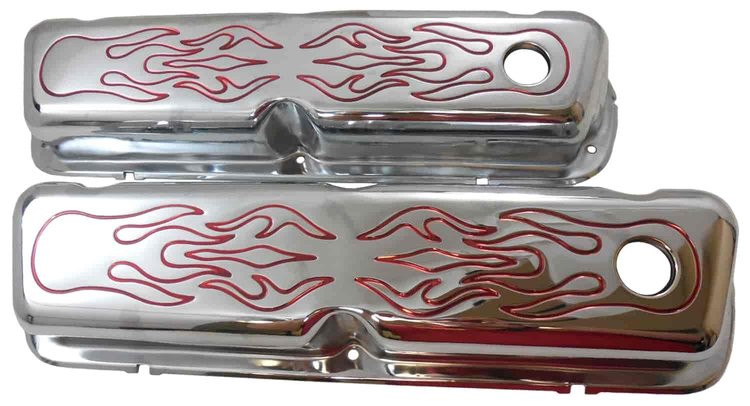 Chrome Red Flame 1962-up SB Ford 260-289-302-351W 5.0 V8 Valve Cover - Baffled