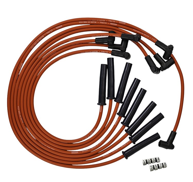 Ultra 350 8mm Spark Plug Wire Set with Multi-Angle Boots for Big Block Chevy 366-454, HEI Coil-in-Cap [Red]