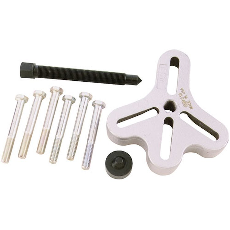 Flange-Type Puller Pulls Harmonic Balancers, Timing Gears And Other Parts Having 2 Or 3 Tapped Holes