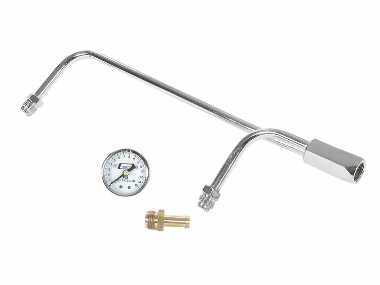 3/8" Chrome Fuel Line with Pressure Gauge for Holley 4160, 3310 Carburetors 8-21/32" Centers