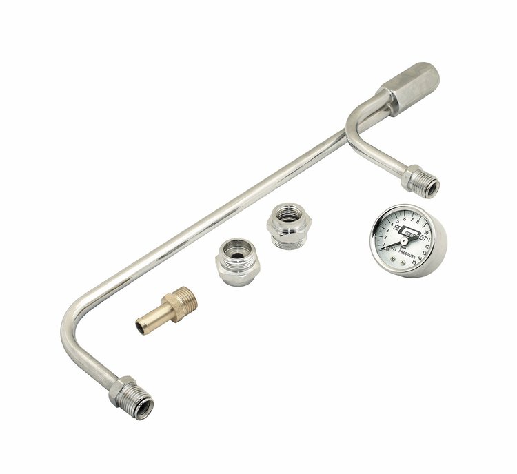 3/8" Chrome Fuel Line with Pressure Gauge for Holley 4150 Carburetors 9-5/16" Centers