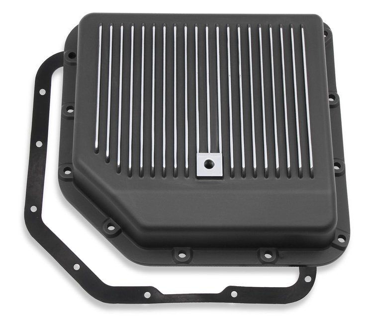 Finned Transmission Oil Pan for GM TH350 [Stock Depth, Black Aluminum]