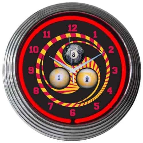 Billiards 18, 8, 9 Red Neon Clock