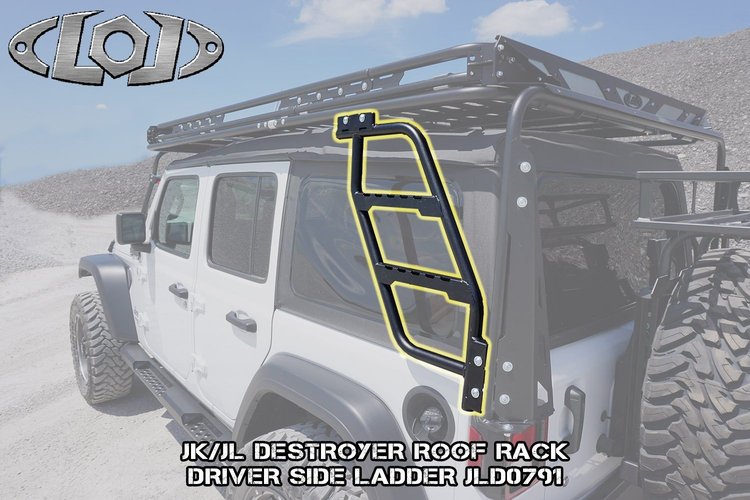 JLD0791 Destroyer Roof Rack Driver Side Ladder Fits Select Jeep Wrangler JK/JL [Black Powder Coated]