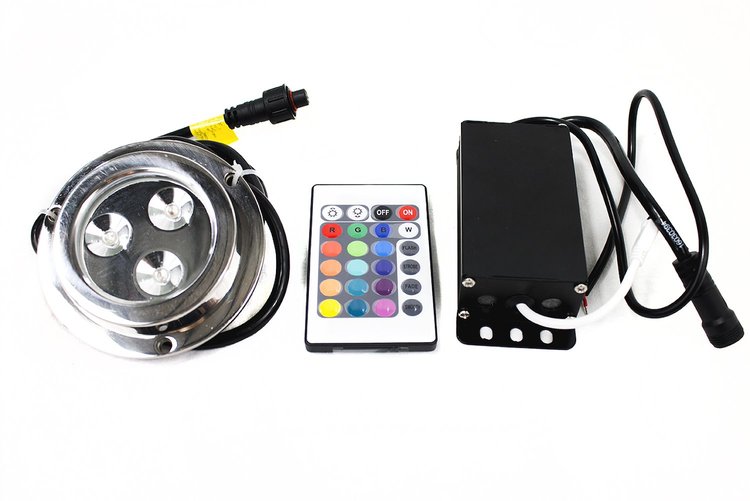 MS3LEDRGB 3-LED 3x3W RGB Multi-Color Underwater Light, w/ Remote, 316 Marine-Grade Stainless Steel