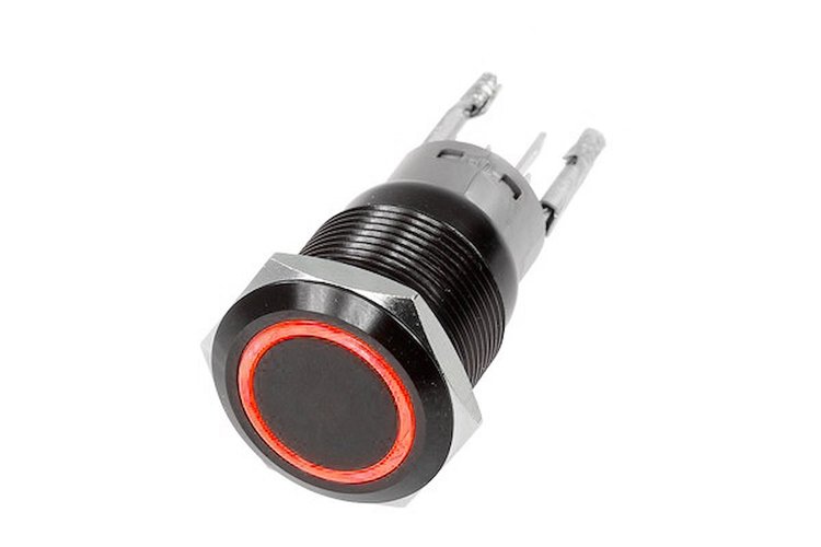 RS16MMBLED-R BLACK-Series 16 mm Flush Mount LED Momentary Switch, RED, Pre-wired, w/ Voltage Regulation Resistor