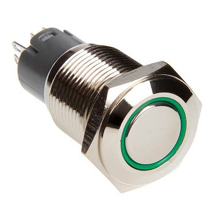 RS-16MM-LEDG 16 mm Flush Mount LED Momentary Switch, GREEN, Sold Each, Comes pre-wired, w/ Voltage Regulation Resistor