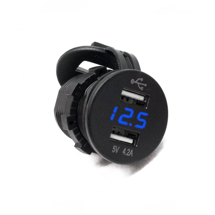 RS507971B Dual port USB socket, w/ voltmeter in Blue LED, 2 Port USB Socket 4.2A