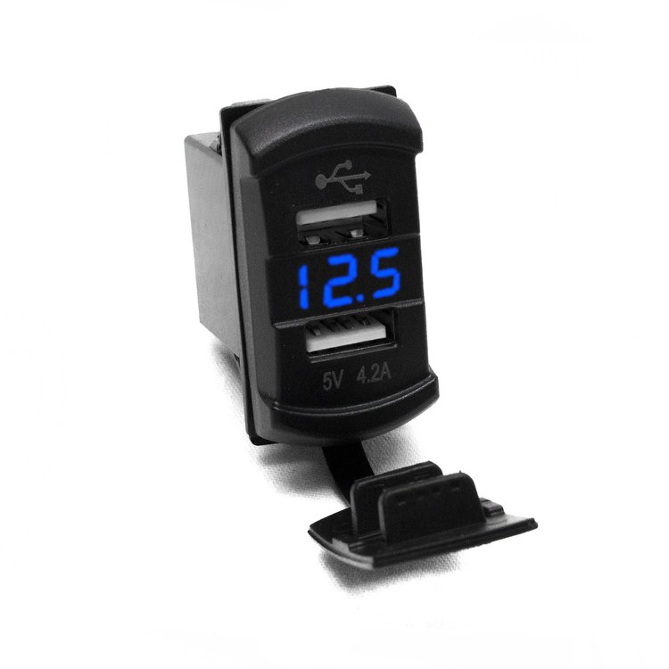 RS50887B Dual Port USB Rocker Panel sized, w/ Blue voltmeter