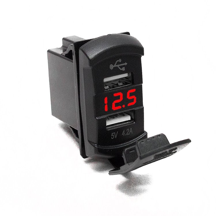 RS50887R Dual Port USB Rocker Panel sized, w/ RED voltmeter