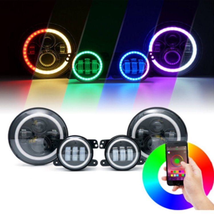 RS9JL4 9 in. Adapted HeadLights & 4 in. FogLights ColorSMART Combo Complete RGB Multi-Color Kit, 2018+ Jeep JL