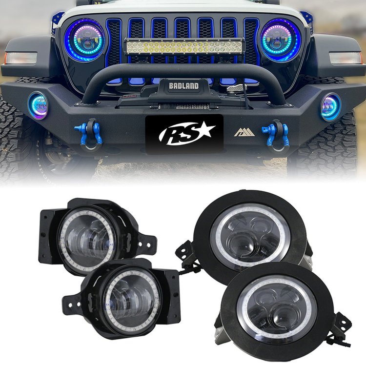 RS9JL4-C Chasing Version 9 in. Adapted HeadLights & 4 in. FogLights ColorSMART Combo Complete RGB Multi-Color Kit, 2018+ Jeep JL