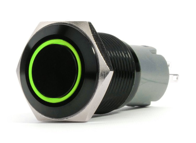 RS-B19MM-LEDG 19 mm 2-Position 12 V On/Off Pre-Wired Switch, w/ GREEN LED & Black Flush Mount Finish