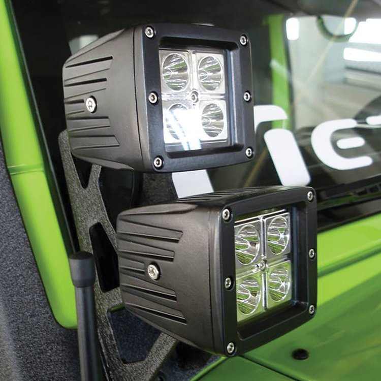RSL14-12w Pillar Complete Kit, 07-17 Jeep Wrangler JK, w/ 4 x 12W Square Cube Aux Lights + L14 Pillar Bracket Set