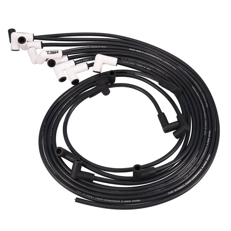 88091CE Chevy SB Under Header Wires, 8.5mm Black, 90-Degrees White Ceramic Plug Boots