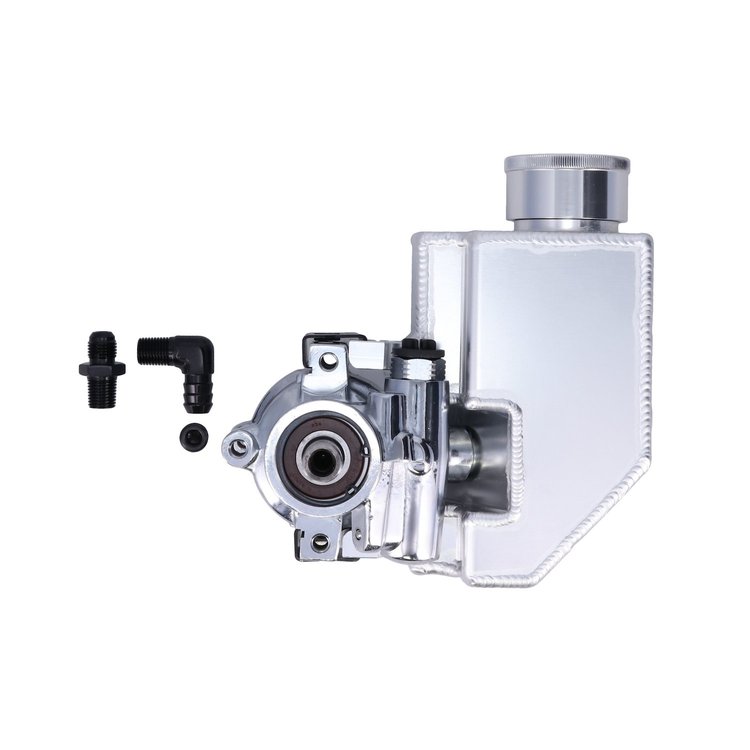 JM2021C Power Steering Pump, GM Type 2, Saginaw TC, Fabricated Reservoir, Chrome