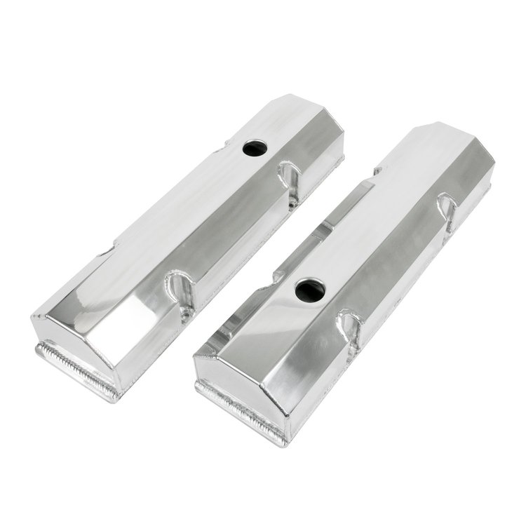 JM8091-8P Valve Covers, Fab. Alum., Short Bolt w/ Holes SBC Perim., Polished