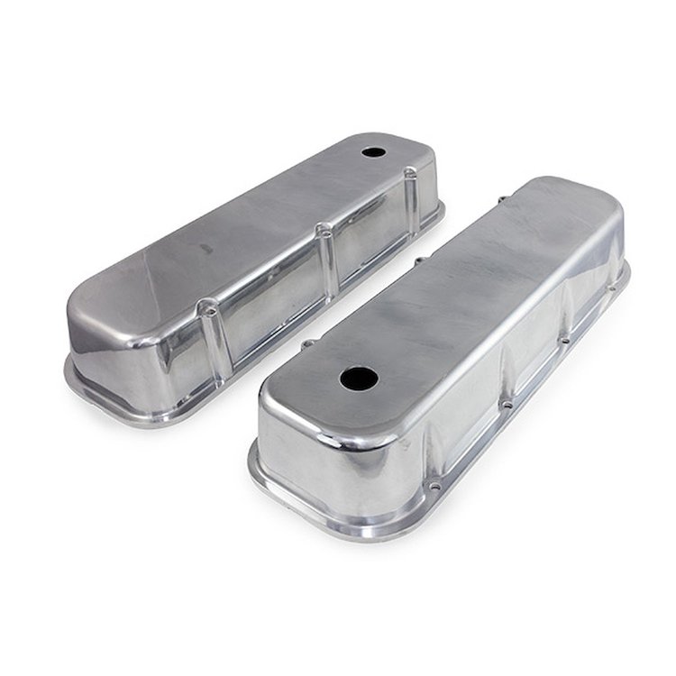 JM8112-8P Valve Covers, Cast Alum., Smooth, Short Bolt w/ Holes, BBC, Polished