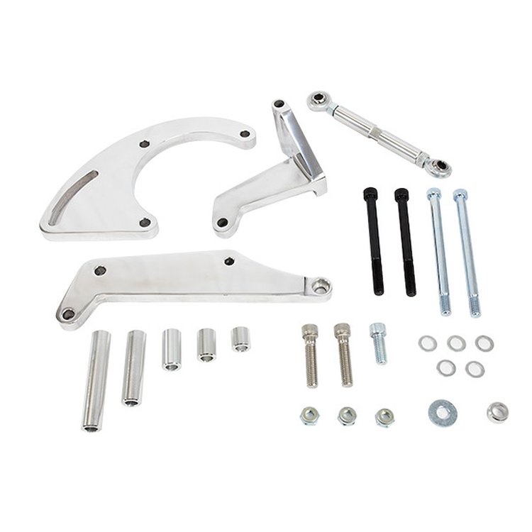 JM9106P A/C Compressor Sanden 508 Bracket, Aluminum SBC Long Water Pump, Polished