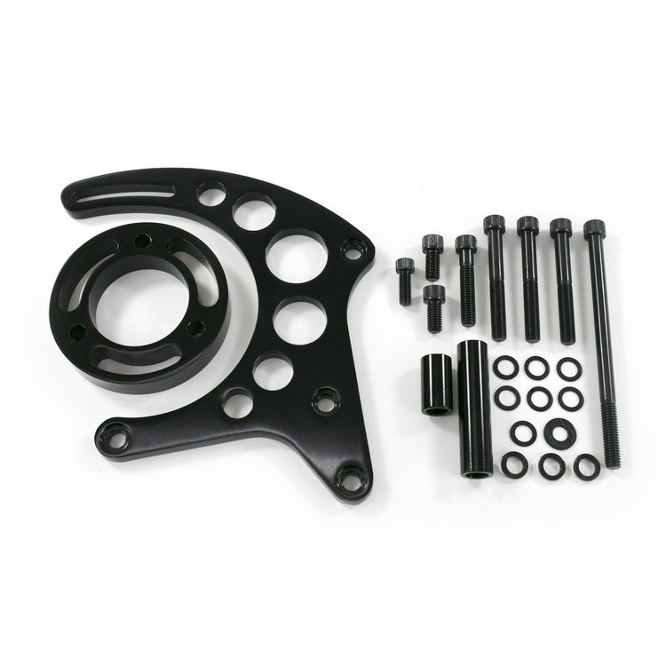 JM9121BK Alternator 10SI Bracket, Aluminum SBC High-Mount Long Water Pump, Black