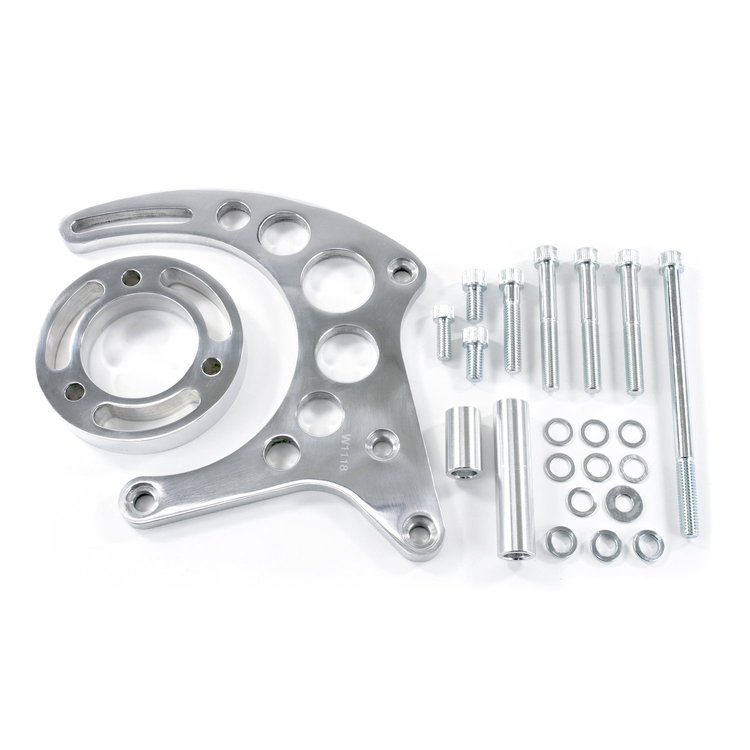 JM9121P Alternator 10SI Bracket, Aluminum SBC High-Mount Long Water Pump, Polished