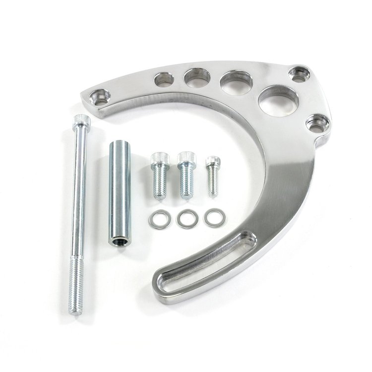 JM9133P Alternator 10SI Bracket, Aluminum BBC Mid-Mount Long Water Pump, Polished