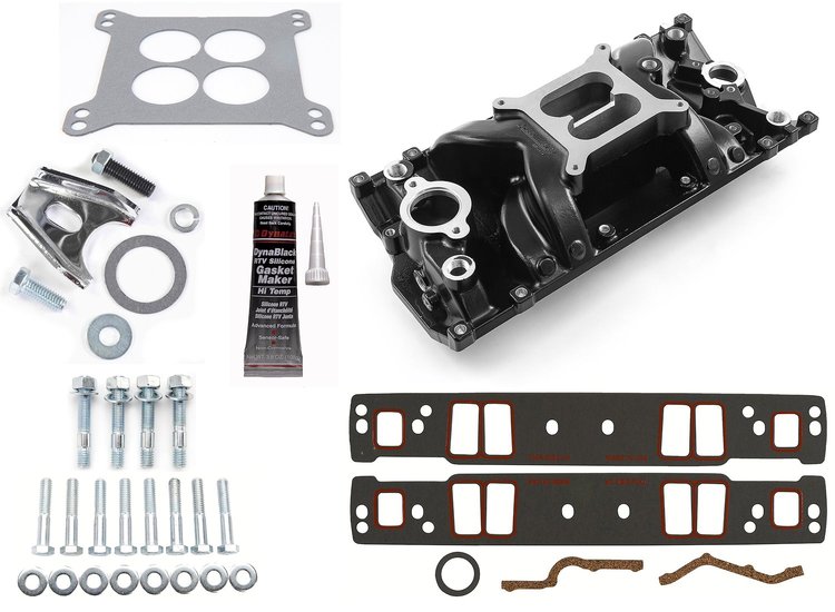 1-147-012 MidRise Air Intake Manifold Kit for Small Block Chevy 350 Vortec [Black Finish]
